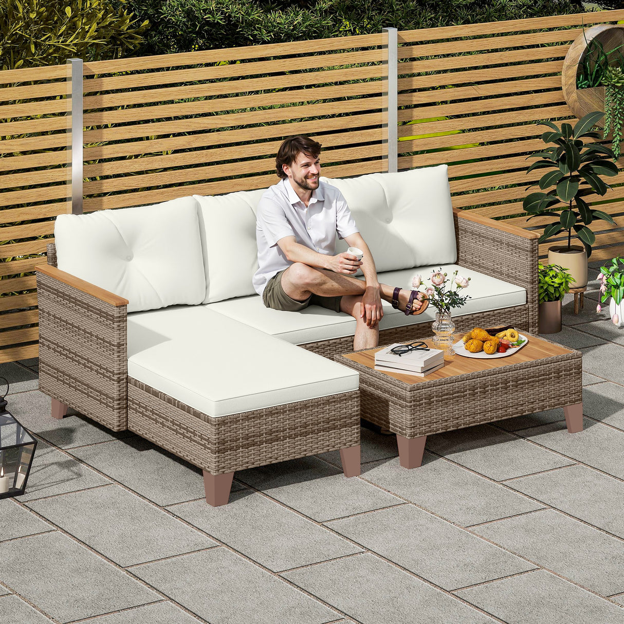 easycomfort easycomfort salotto da giardino in rattan pe con divano 2 posti chaise longue e tavolino da caffe crema