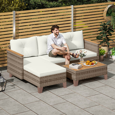 easycomfort easycomfort salotto da giardino in rattan pe con divano 2 posti chaise longue e tavolino da caffe crema
