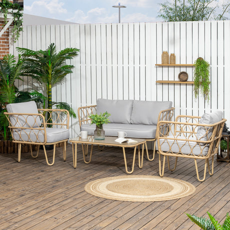 easycomfort easycomfort salotto da giardino in rattan stile boho con divano 2 posti 2 poltrone e tavolino con vetro