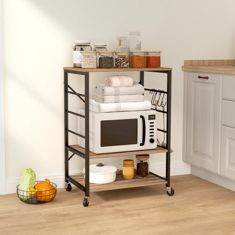 easycomfort easycomfort scaffale da cucina a 3 livelli stile industriale con ruote e 4 ganci struttura in acciaio 60x40x84 cm teak