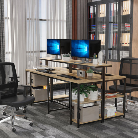 immagine-2-easycomfort-easycomfort-scrivania-doppia-con-scaffali-e-mensola-per-monitor-in-stile-industriale-scrivania-con-libreria-salvaspazio-per-ufficio-e-studio-in-metallo-e-mdf-200x53x100cm-nero-marrone