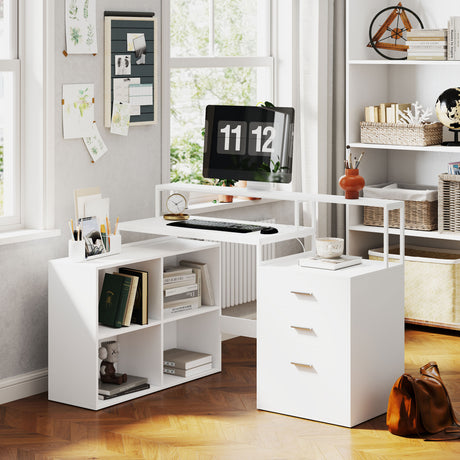 easycomfort easycomfort scrivania ufficio con 2 tavoli 4 ripiani 3 cassetti e supporto per monitor in legno 138 5x90x92 cm bianco