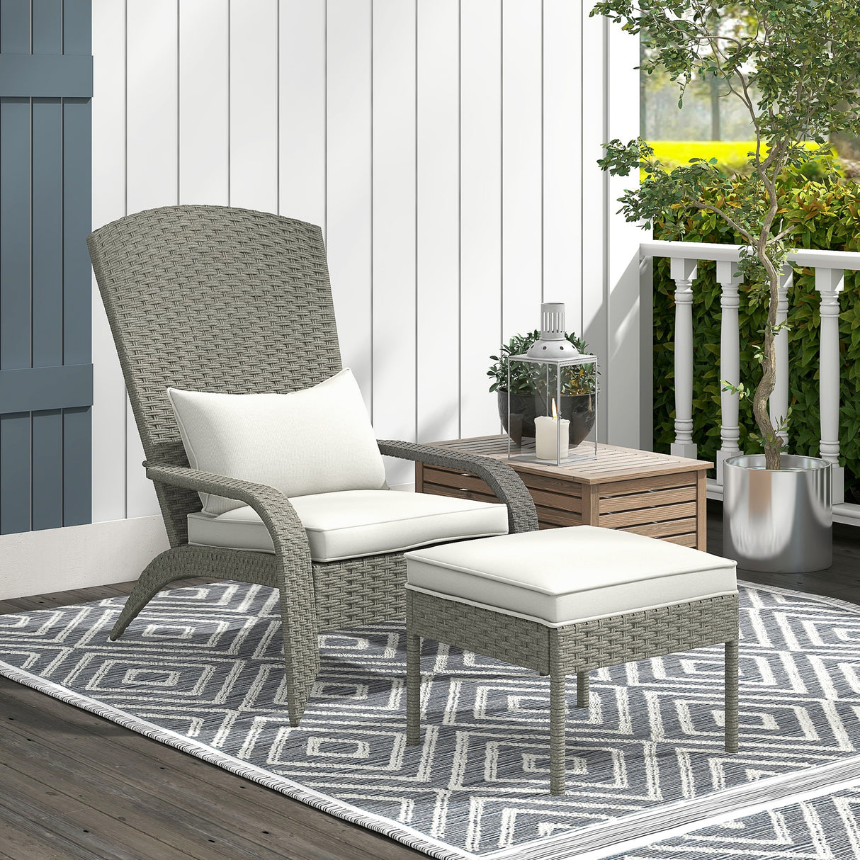 easycomfort easycomfort sedia da giardino con poggiapiedi e cuscini imbottiti in rattan e acciaio 64x82x89 cm grigio e crema