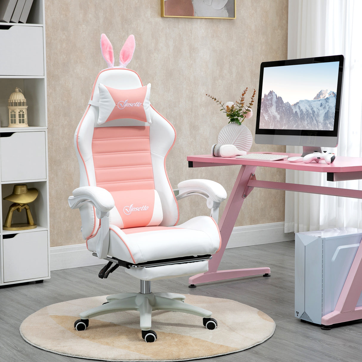 easycomfort easycomfort sedia gaming ergonomica con orecchie poggiapiedi estraibile cuscino lombare e poggiatesta rosa