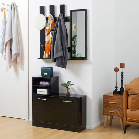 easycomfort easycomfort set appendi abiti da ingresso con specchio e scarpiera per 8 paia di scarpe nero lucido