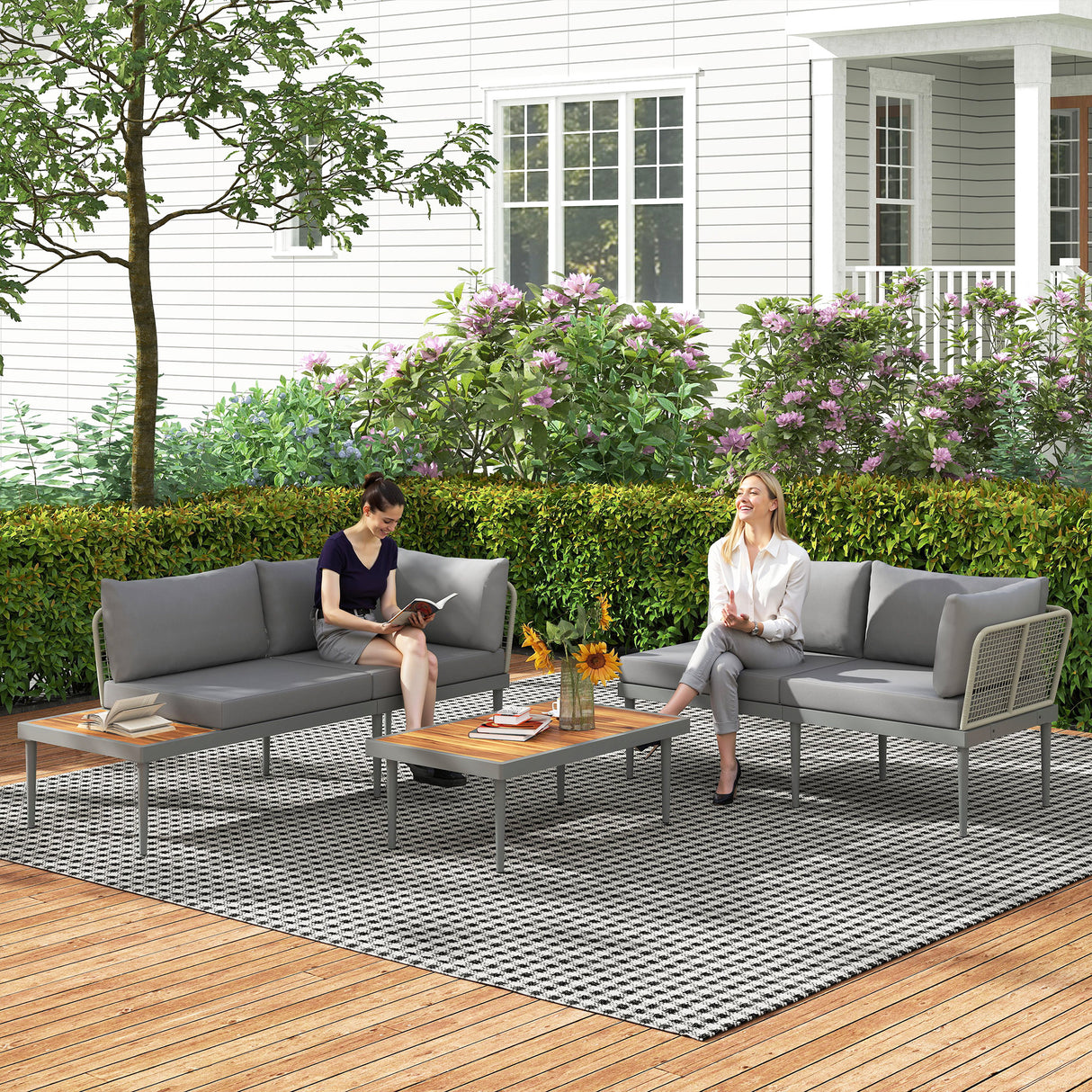 easycomfort easycomfort set da esterno 3 pezzi con 2 divanetti 2 posti e tavolino basso in rattan e acciaio grigio e color legno