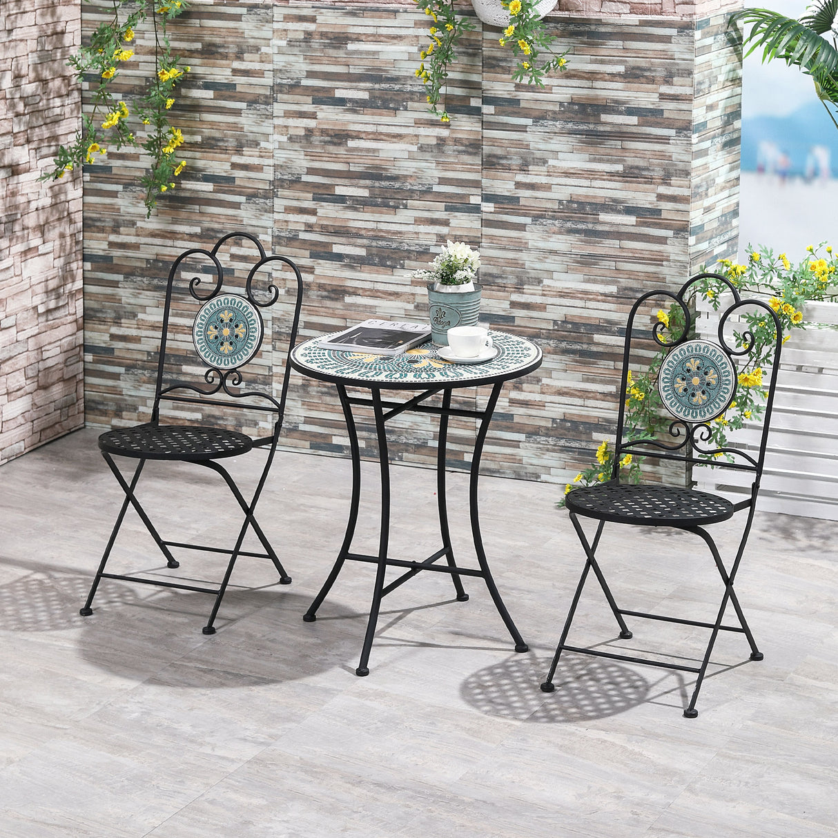 easycomfort easycomfort set da giardino 3 pezzi con mosaico tavolino e 2 sedie pieghevoli verde