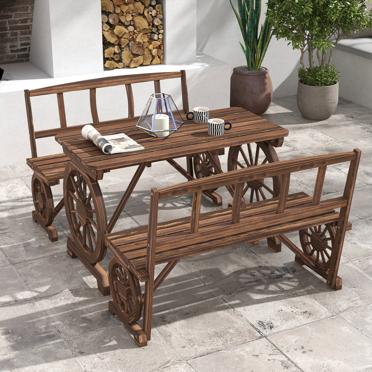easycomfort easycomfort set da giardino 3 pezzi in legno di pino con 1 tavolo da esterno 115x55x71 cm e 2 panchine 115x51x80 cm
