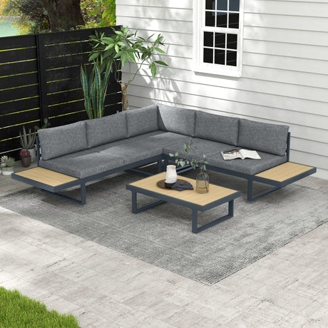 easycomfort easycomfort set da giardino 4 pezzi in alluminio con 2 divanetti poltrona angolare e tavolino da caffe grigio e teak