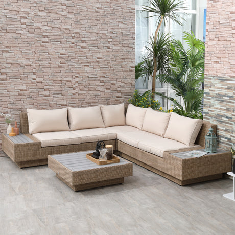 easycomfort easycomfort set da giardino 4 pezzi in rattan divano angolare con cuscini e tavolini nero e marrone chiaro