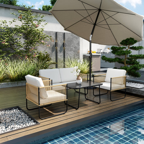 easycomfort easycomfort set da giardino 4 pezzi in rattan e acciaio con divanetto 2 poltrone da esterno e tavolino basso multicolore