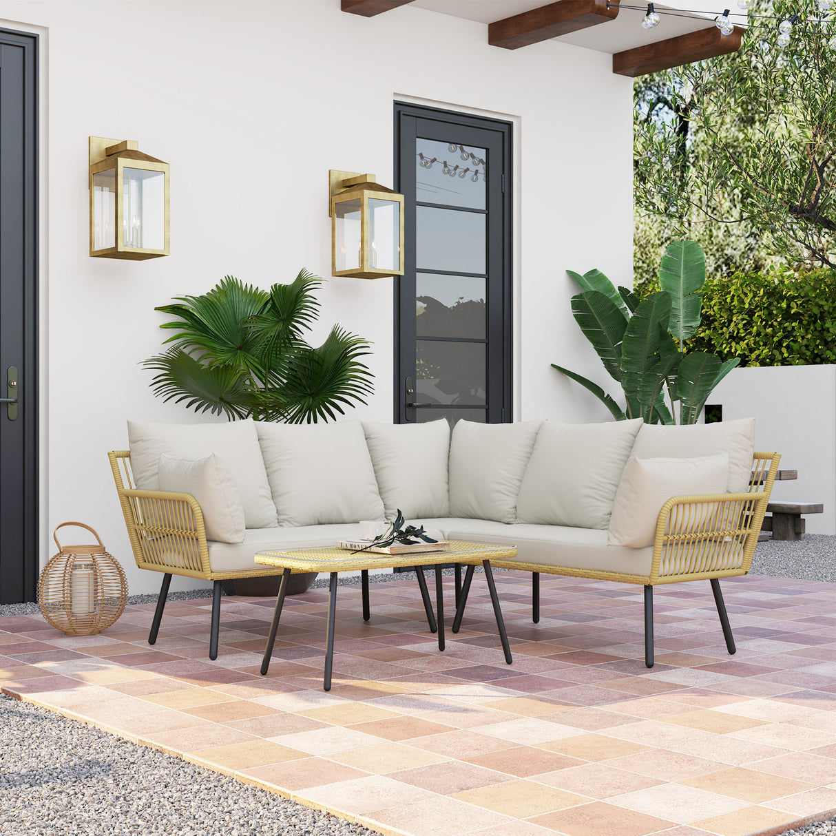 easycomfort easycomfort set da giardino 4 pezzi in rattan pe con tavolino da esterni 90x45x42 cm e 2 divanetti per esterni 6ex63x74 cm bianco crema