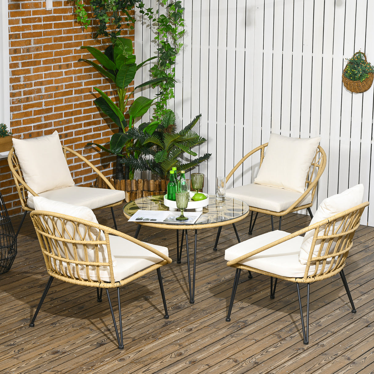 easycomfort easycomfort set da giardino 5 pezzi in rattan con tavolo rotondo 82x50 cm e 4 sedie 72x72x75 cm con cuscini
