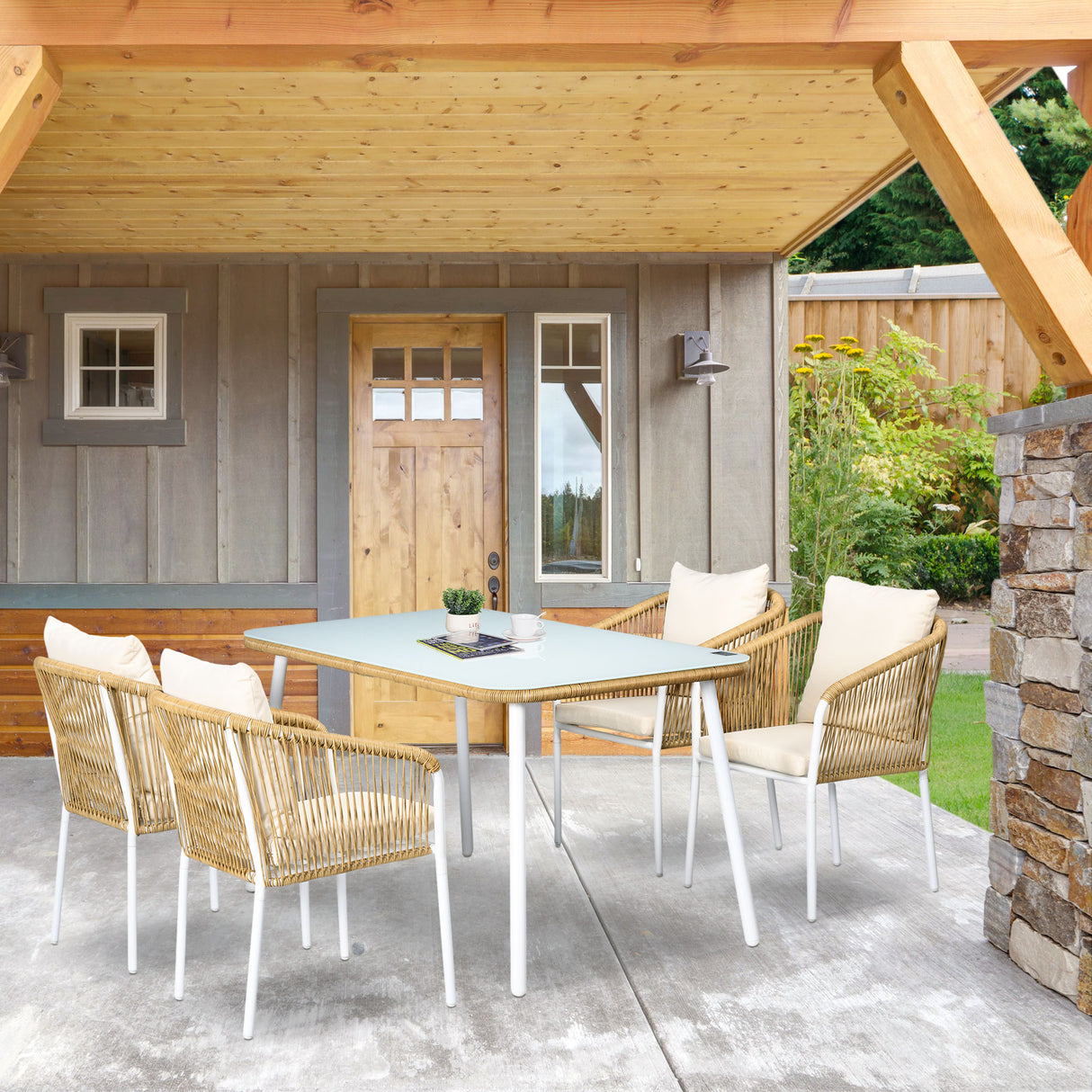 easycomfort easycomfort set da giardino in rattan pe e alluminio con tavolo in vetro e 4 sedie impilabili giallo