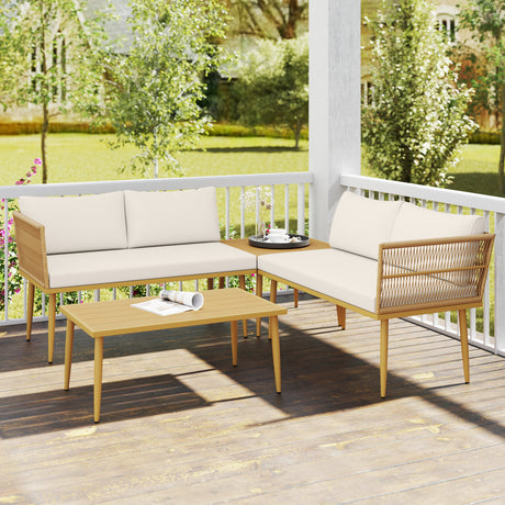 easycomfort easycomfort set salotto da esterno in rattan pe con 2 divani a 2 posti con cuscini e 2 tavoli da caffe colore legno