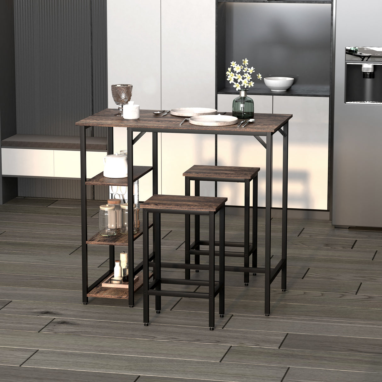 easycomfort easycomfort set tavolo alto con 2 sgabelli e scaffale stile industriale in metallo e legno arredamento moderno bar e cucina marrone rustico ean 8054144139098