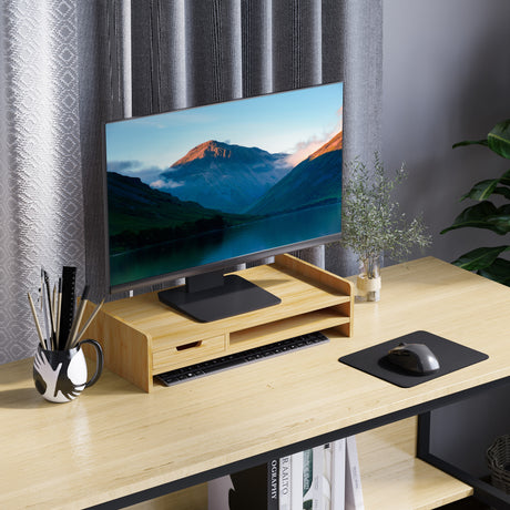 easycomfort easycomfort supporto monitor con spazio per mouse e tastiera e ripiano con cubo portaoggetti in bambu 49x25 5x11 5 cm