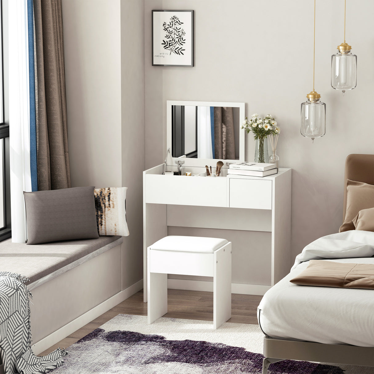 easycomfort easycomfort tavolo da trucco con specchio richiudibile tavolo da trucco moderno con sgabello vano contenitore 4 scomparti mdf bianco 80x40x79 cm ean 8054111848237