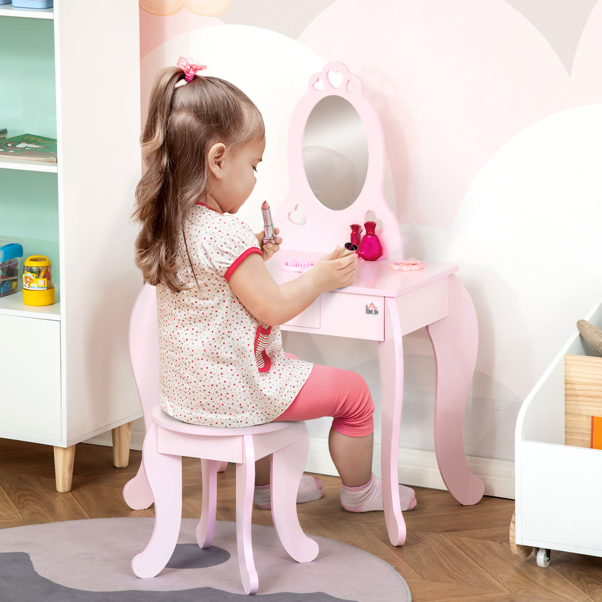 easycomfort easycomfort tavolo trucco per bambini con sgabello in legno toeletta con specchio e cassetto 60x36x88cm rosa