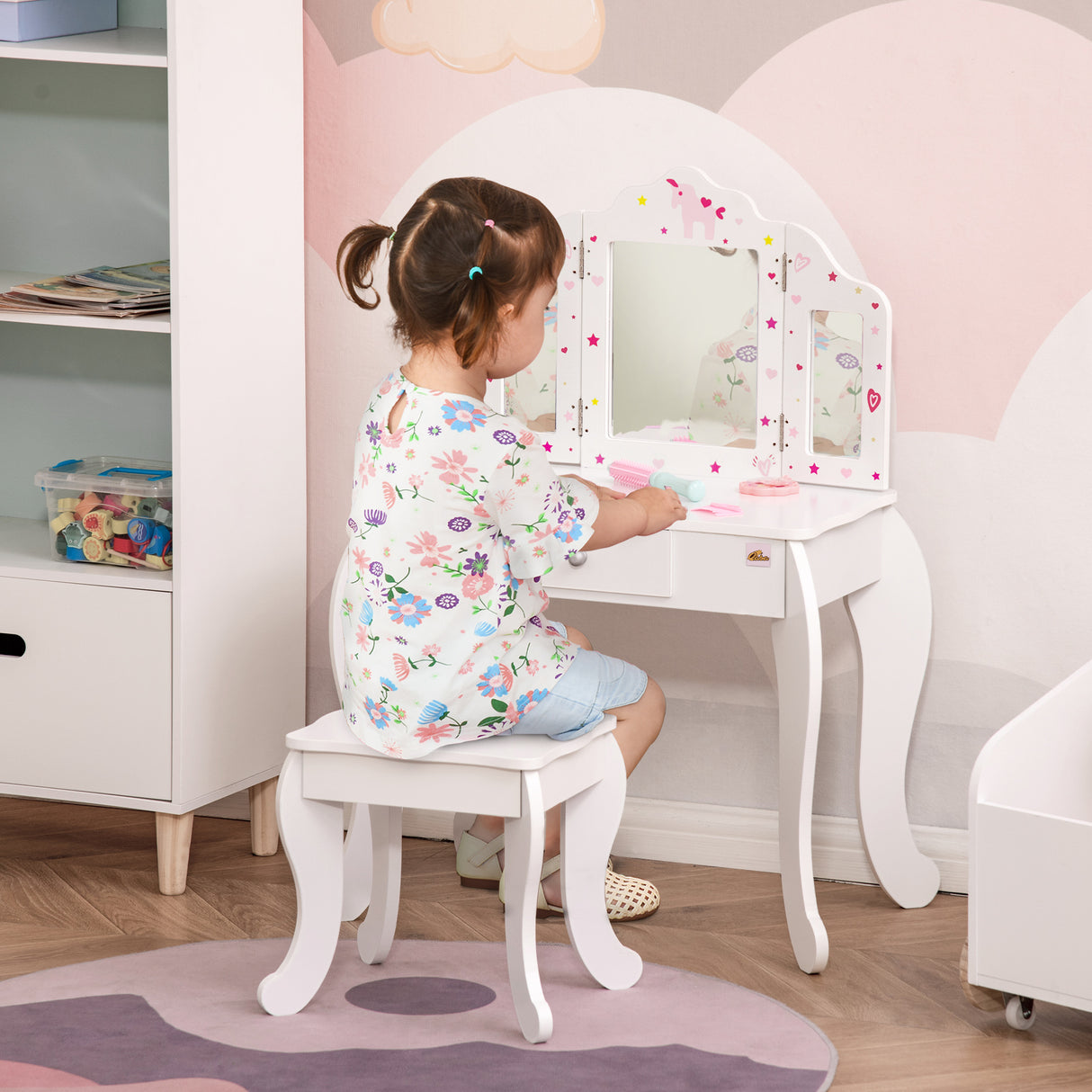 easycomfort easycomfort toeletta per bambini con sgabello tavolo trucco con triplo specchio e cassetto 63x40x85 5cm bianco