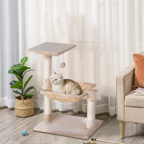 easycomfort easycomfort torre per gatti max 3 6kg con amaca e pallina appesa in legno e peluche 50x36x70 cm beige