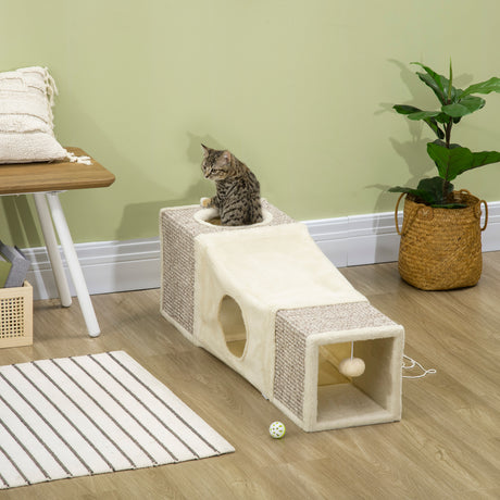 easycomfort easycomfort tunnel per gatti pieghevole con casette tiragraffi e pallina in peluche e sisal crema