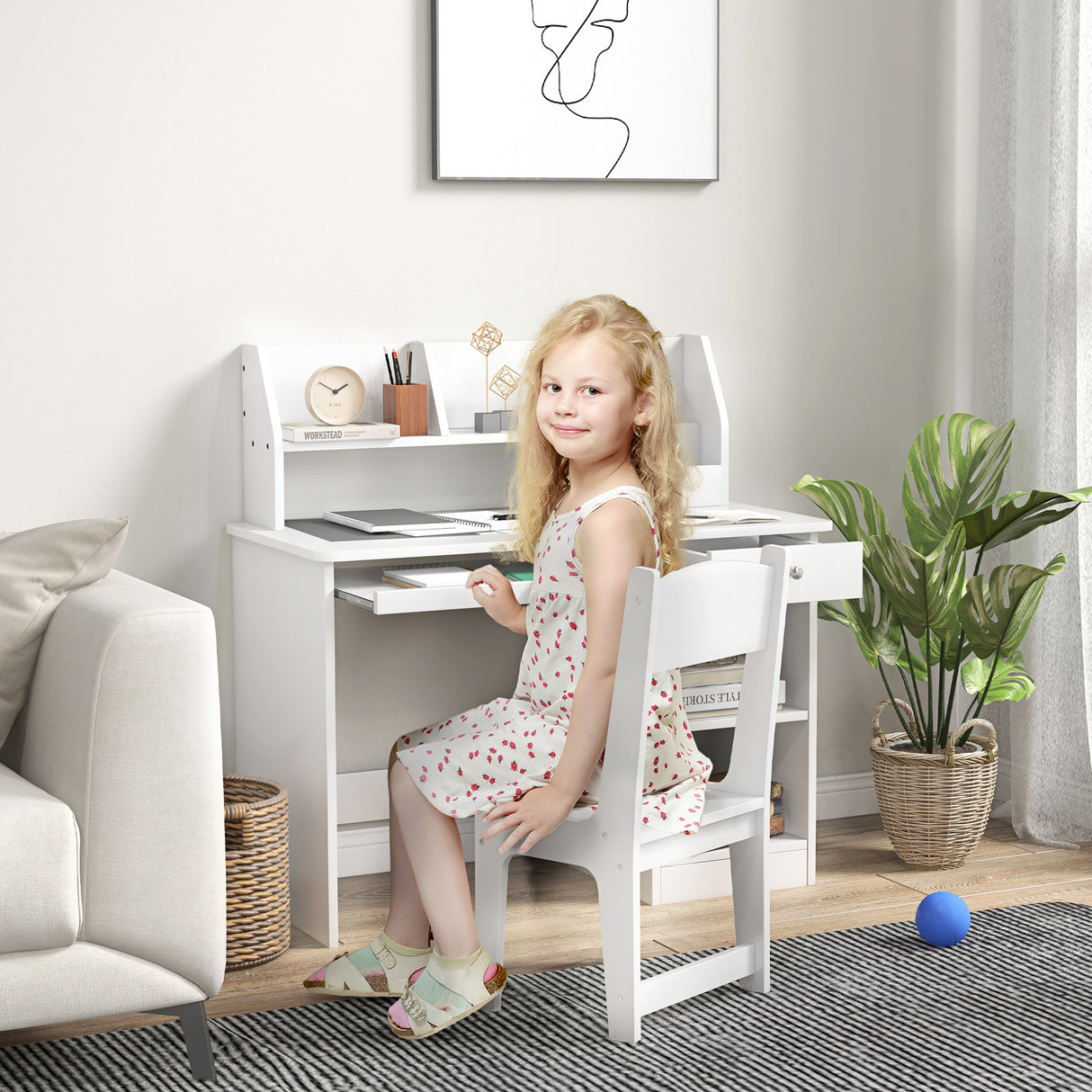 easycomfort easycomfortzonekiz banco scuola e sedia per bambini da 5 8 anni con scaffale e mensola estraibile in legno bianco