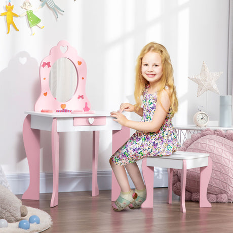 easycomfort easycomfortzonekiz set tavolo trucco con sgabello specchio e cassetto in mdf per bimbi 3 6 anni bianco e rosa
