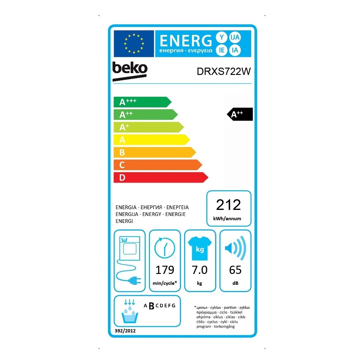 asciugatrice slim a pompa di calore 7 kg beko drxs722w a85xl60xp46 a++