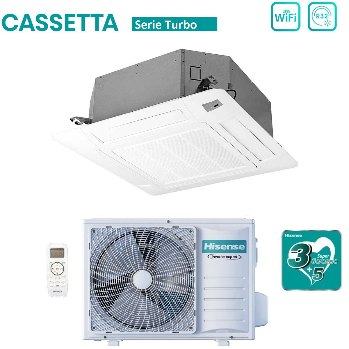 climatizzatore condizionatore hisense inverter a cassetta serie turbo 9000 btu act26ur4rcc8 _ auw26u4rs8 r 32 wi fi optional classe a__ a_ con telecomando e pannello incluso
