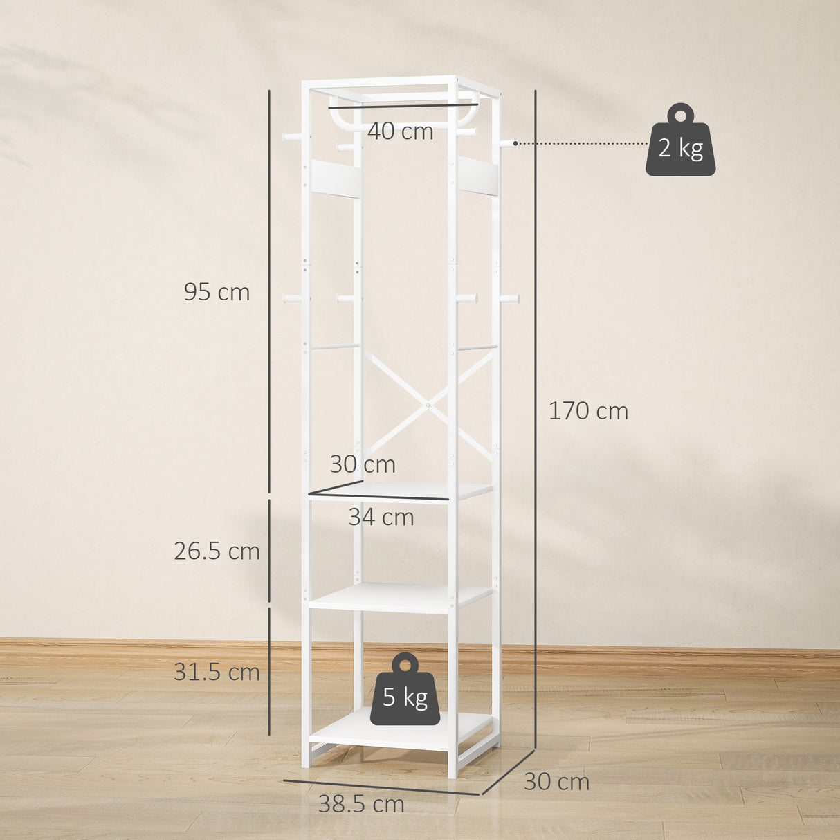 easycomfort easycomfort appendiabiti da terra con asta e 2 ripiani aperti in legno e acciaio 38 5x30x170 cm bianco e color legno