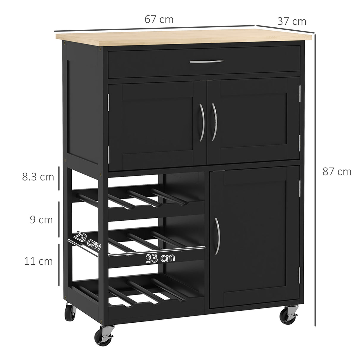 easycomfort easycomfort carrello da cucina in legno con portabottiglie 3 ante e cassetto 67x37x87 cm nero e rovere