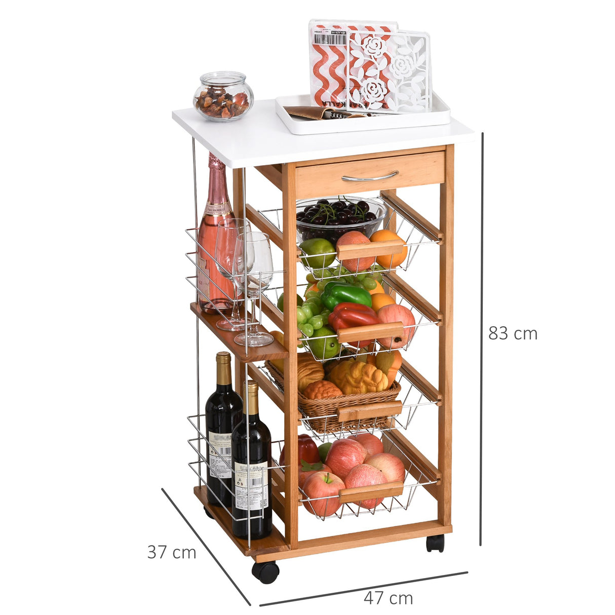 easycomfort easycomfort carrello da cucina in legno marrone con 1 cassetto e 4 cestelli metallici