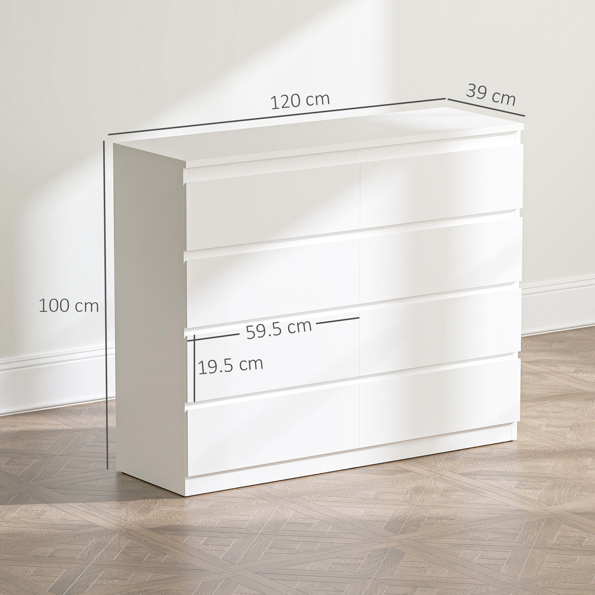 easycomfort easycomfort cassettiera 8 cassetti per camera da letto in legno con maniglie scanalate 120x39x100 cm bianco