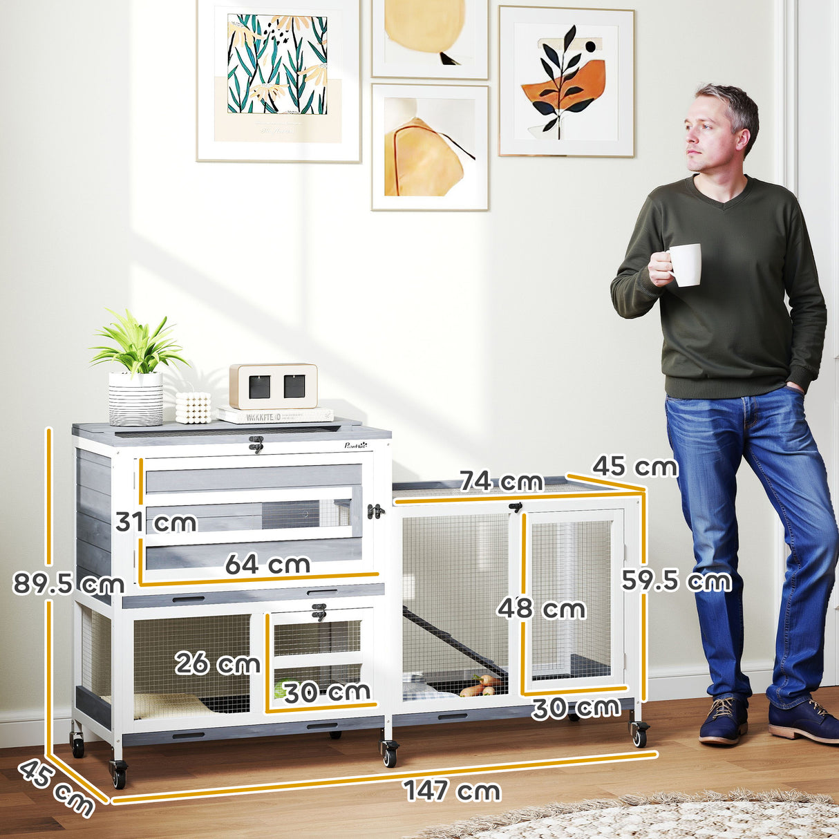 easycomfort easycomfort conigliera a 2 livelli con rampa e 3 vassoi in legno di abete e acciaio 147x45x89 5 cm grigio e bianco