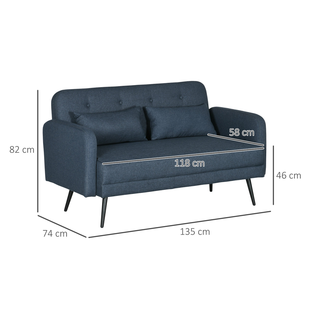easycomfort easycomfort divano 2 posti con rivestimento in tessuto e 2 cuscini 135x74x82cm blu scuro