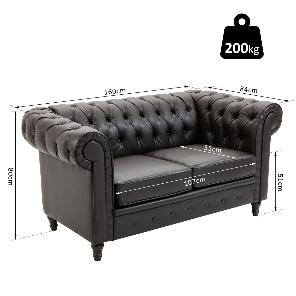 easycomfort easycomfort divano 2 posti in stile chesterfield in pelle pu con cuscino rimovibile 160x84x80 cm nero
