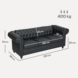 easycomfort easycomfort divano 3 posti stile chesterfield trapuntato con molle insacchettate finta pelle 213x86x79 cm nero
