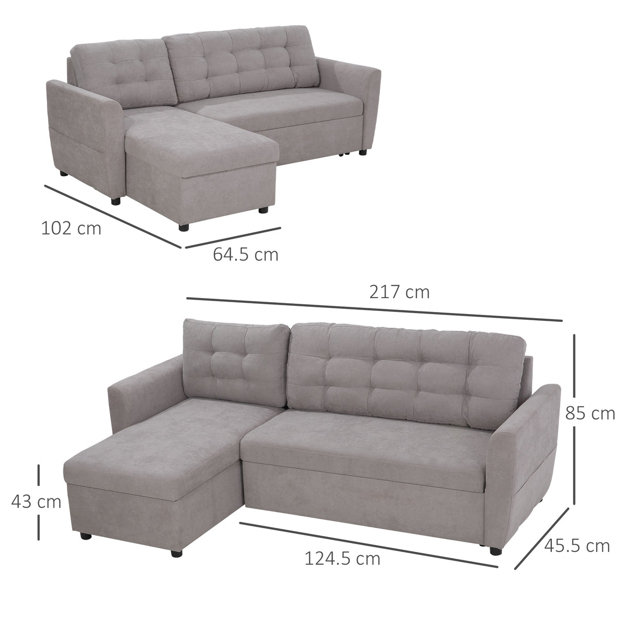 easycomfort easycomfort divano letto 3 posti con chaise longue contenitore in tessuto 217x134x85cm grigio