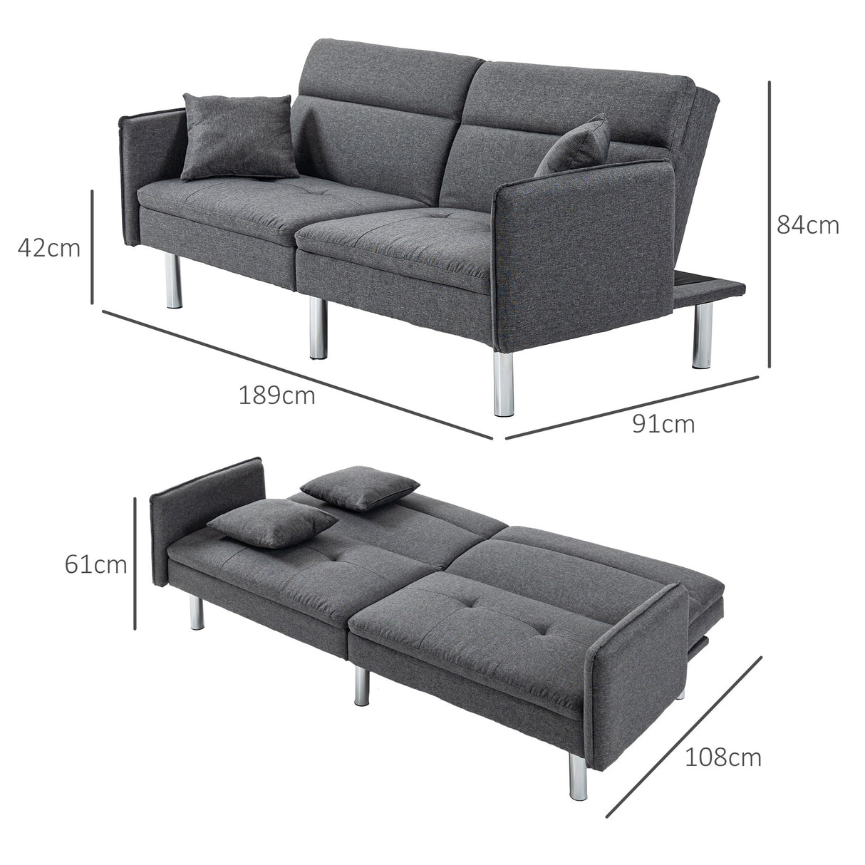 easycomfort easycomfort divano letto 3 posti con meccanismo clic clac schienale reclinabile e 2 cuscini 189x91x84cm grigio