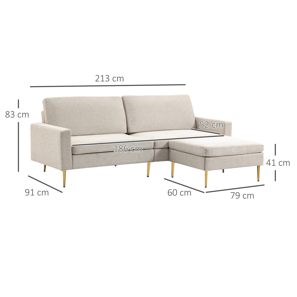 easycomfort easycomfort divano letto 3 posti in tessuto con poggiapiedi e schienale a 5 reclinazioni 213x91x83cm crema