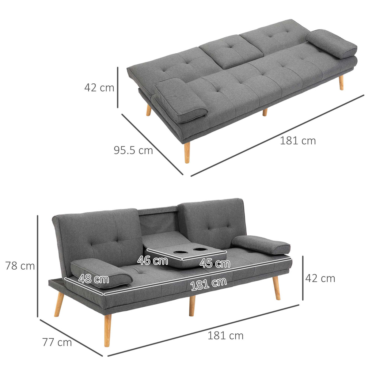 easycomfort easycomfort divano letto 3 posti reclinabile con 2 braccioli staccabili in tessuto effetto lino e legno di pioppo 181x77x78 cm