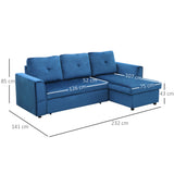easycomfort easycomfort divano letto angolare 3 posti effetto velluto e chaise longue con contenitore 232x141x85cm blu