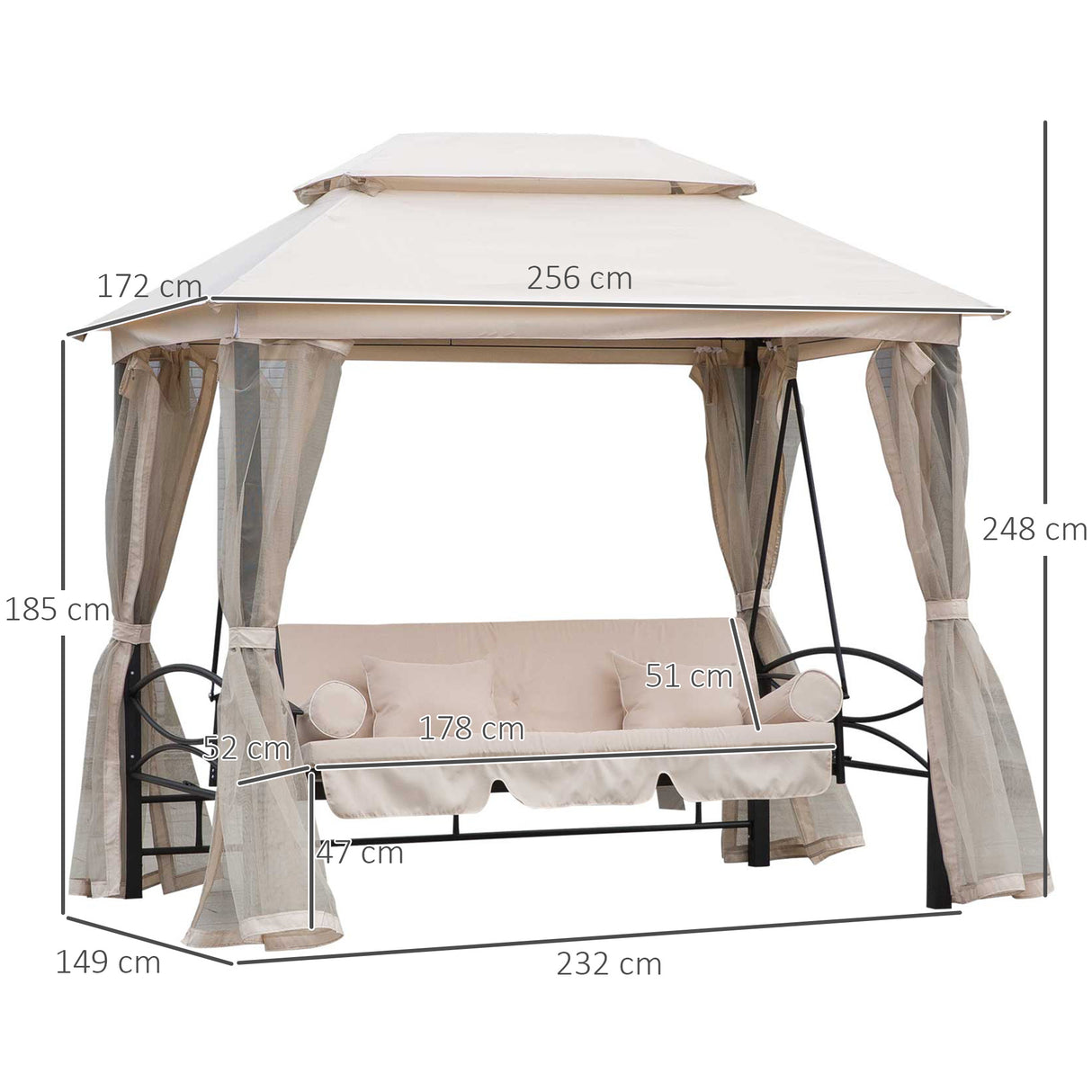 immagine-3-easycomfort-easycomfort-dondolo-3-posti-e-lettino-singolo-copertura-a-gazebo-con-zanzariera-e-cuscini-256x172x248cm-crema