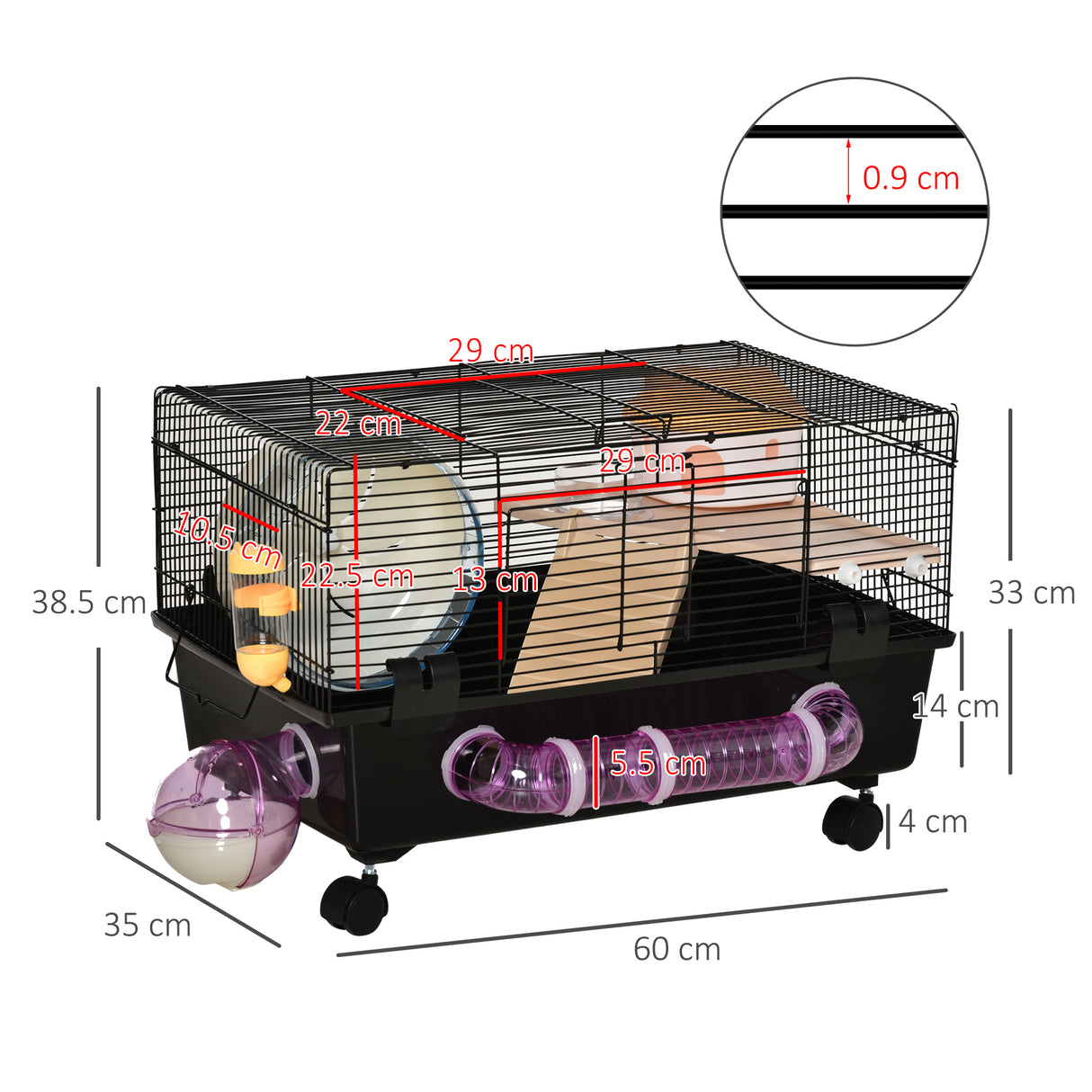 immagine-3-easycomfort-easycomfort-gabbia-per-criceti-con-casetta-tunnel-e-ruota-base-con-4-rotelle-60x35x38-5cm-nero-e-marrone