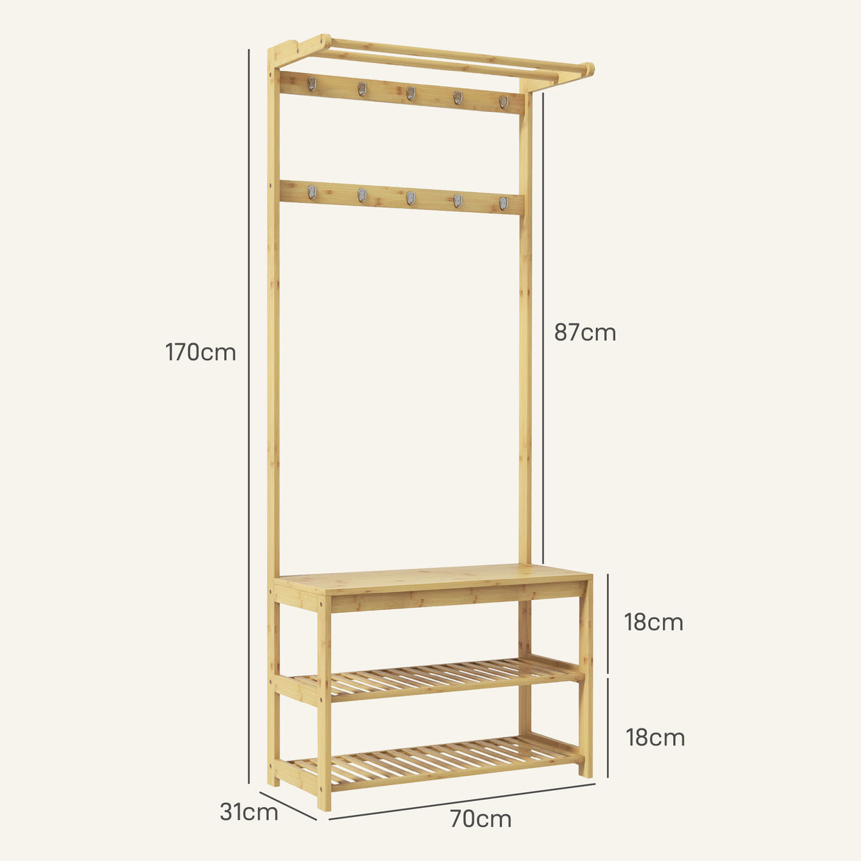 easycomfort easycomfort mobile appendiabiti 3 in 1 in bambu con 10 ganci 2 aste e panca scarpiera 70x31x170 cm marrone