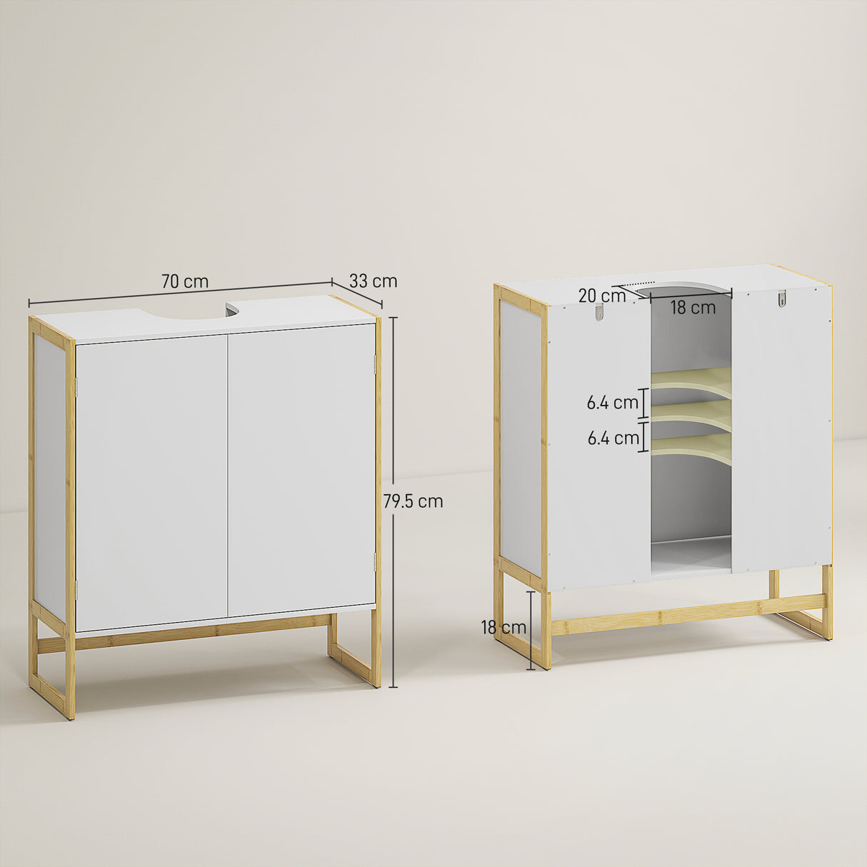 easycomfort easycomfort mobile sottolavabo bagno con 2 ante a pressione in bambu e mdf con intaglio a u 70x33x79 5cm bianco