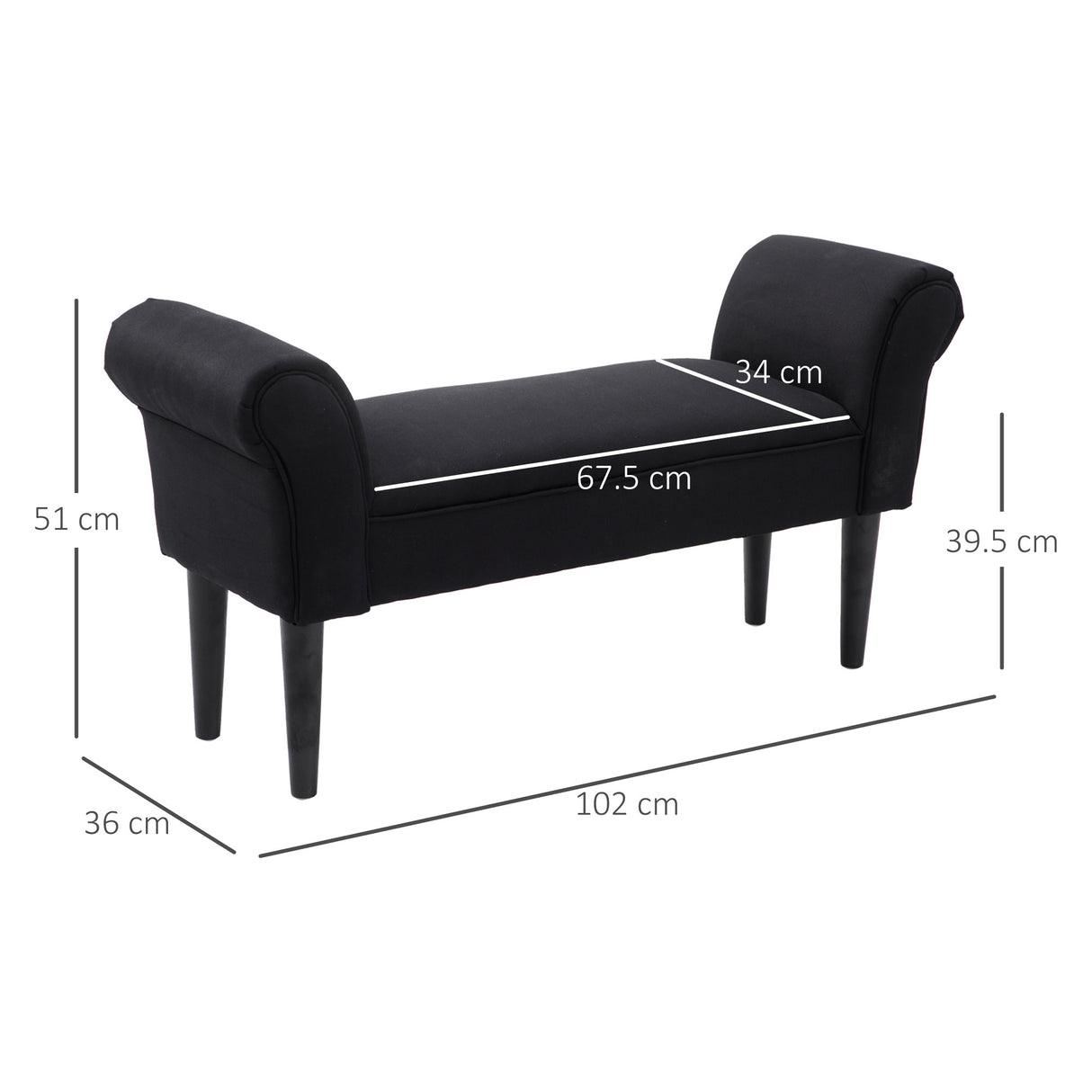 easycomfort easycomfort panca fondo letto imbottita con braccioli arrotolati 102x35x51cm nero