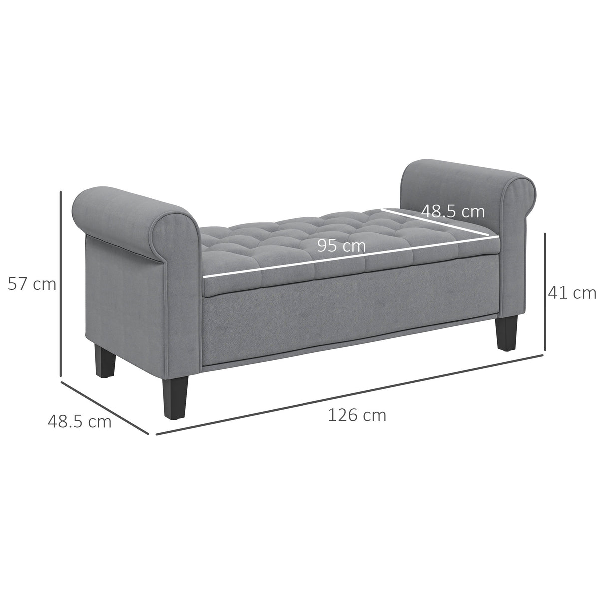 easycomfort easycomfort panca fondo letto in tessuto vellutato con spazio portaoggetti e braccioli 126x48 5x57 cm grigio