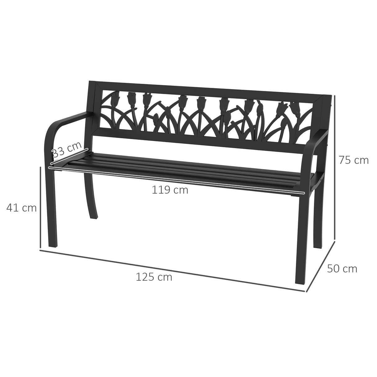 easycomfort easycomfort panchina da giardino a 2 posti in acciaio con schienale decorato e braccioli 125x50x75cm nero